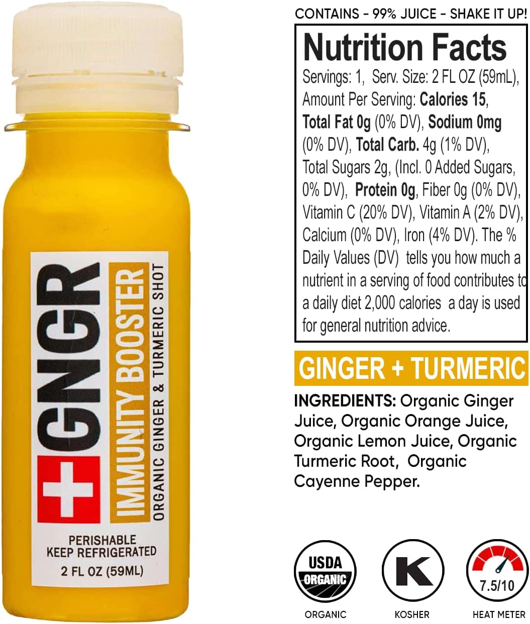 Organic Ginger Shots Variety Pack for Immune Support - Cold Pressed Shots for Digestive Health - USDA Certified - 24 Pack