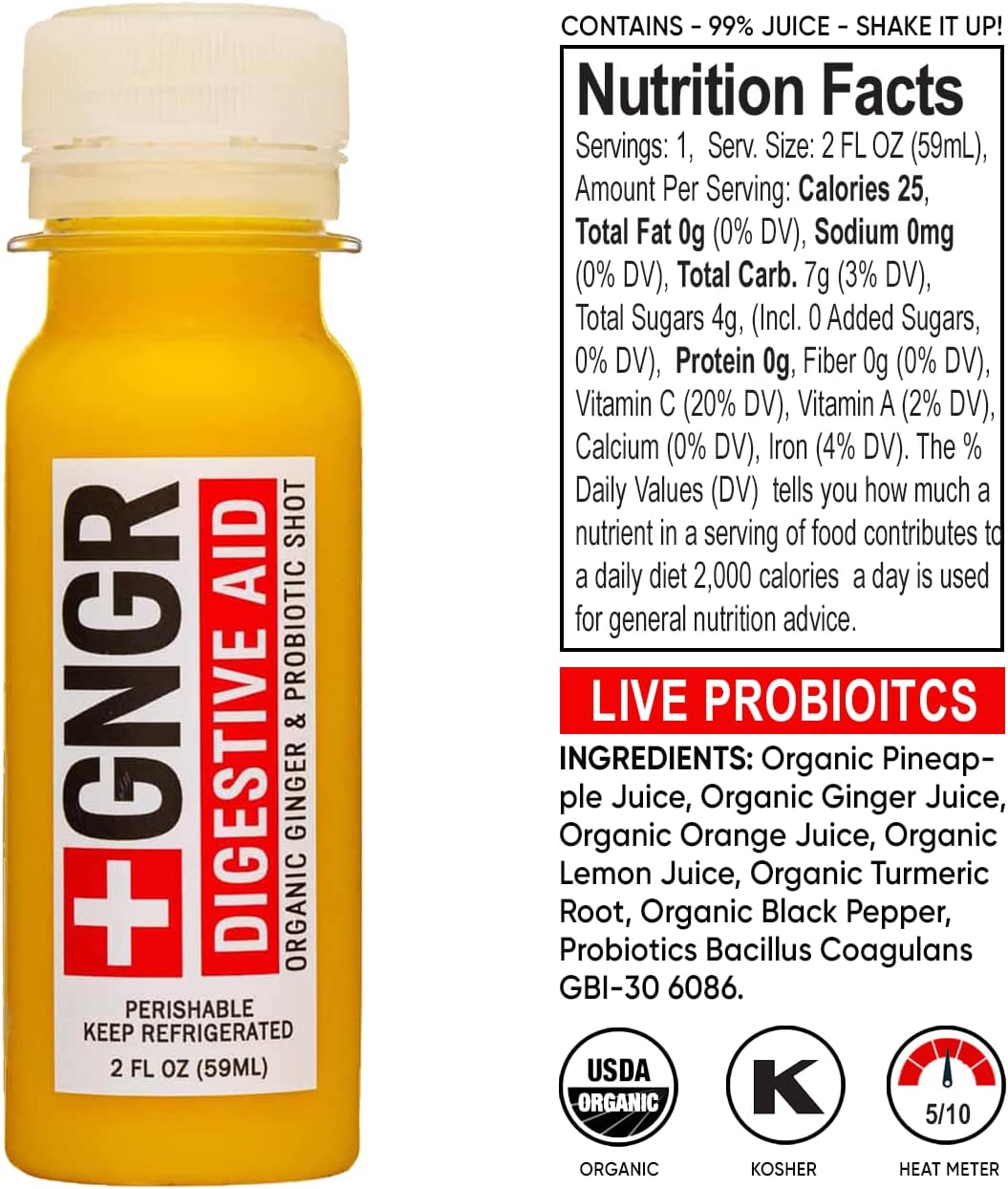 Organic Ginger Shots Variety Pack for Immune Support - Cold Pressed Shots for Digestive Health - USDA Certified - 24 Pack