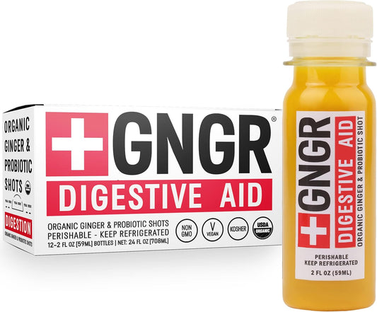 Organic Ginger Shots with Probiotics for Gut Health, Colon Cleanse, Immunity Boost, and Bloating Relief - 2 Oz Shots, Pack of 12
