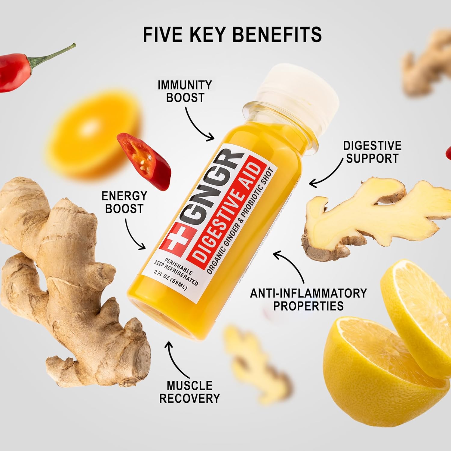 Organic Ginger Shots with Probiotics for Gut Health, Colon Cleanse, Immunity Boost, and Bloating Relief - 2 Oz Shots, Pack of 12