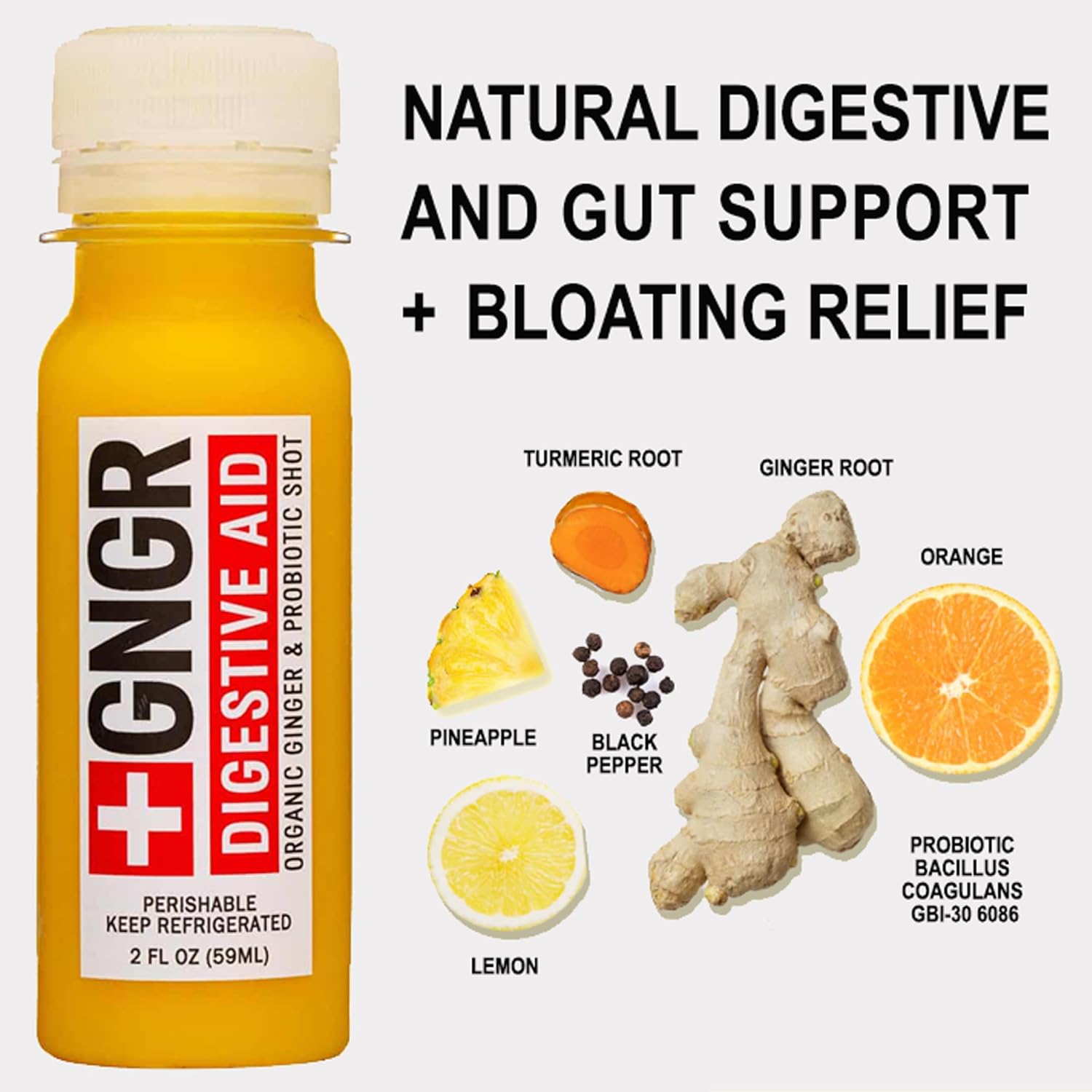 Organic Ginger Shots with Probiotics for Gut Health, Colon Cleanse, Immunity Boost, and Bloating Relief - 2 Oz Shots, Pack of 12