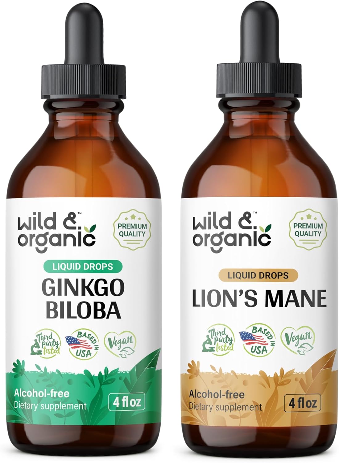 Organic Ginkgo Biloba and Lion's Mane Tincture Set - 4 fl oz Each