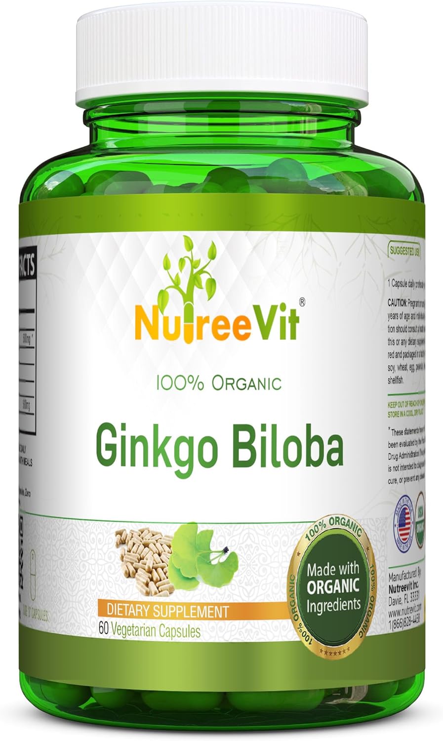 Organic Ginkgo Biloba Capsules for Brain Health, Mental Alertness, Memory & Circulation - Antioxidant Supplement - 100 Count Bottle