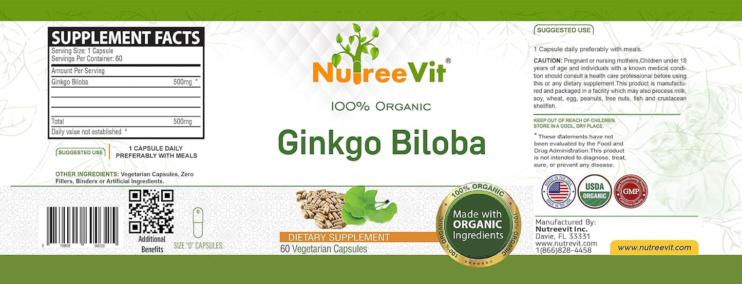 Organic Ginkgo Biloba Capsules for Brain Health, Mental Alertness, Memory & Circulation - Antioxidant Supplement - 100 Count Bottle