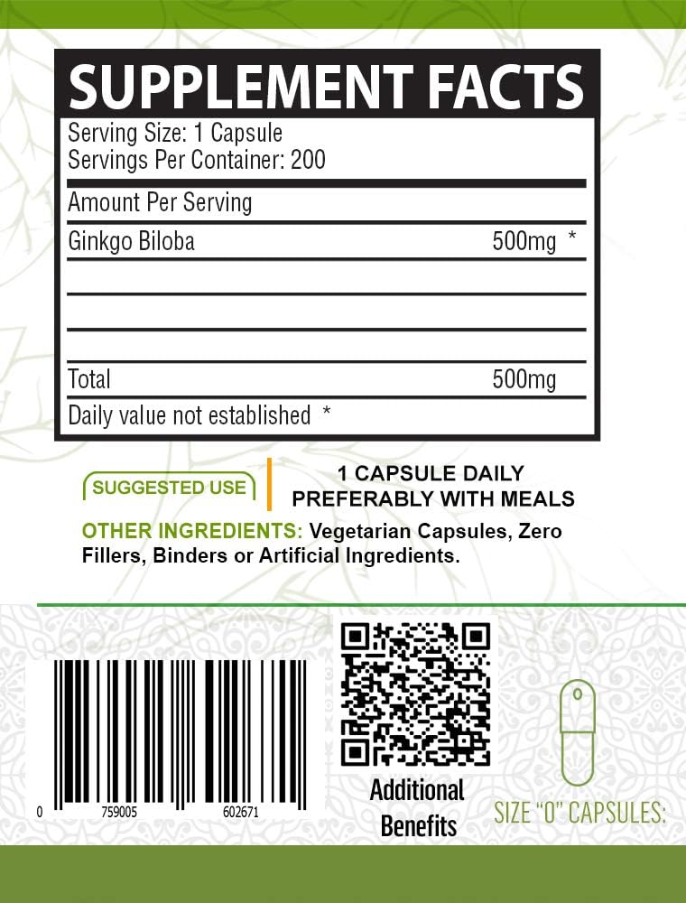 Organic Ginkgo Biloba Capsules for Brain Health, Mental Alertness, Memory & Circulation - Antioxidant Supplement - 100 Count Bottle