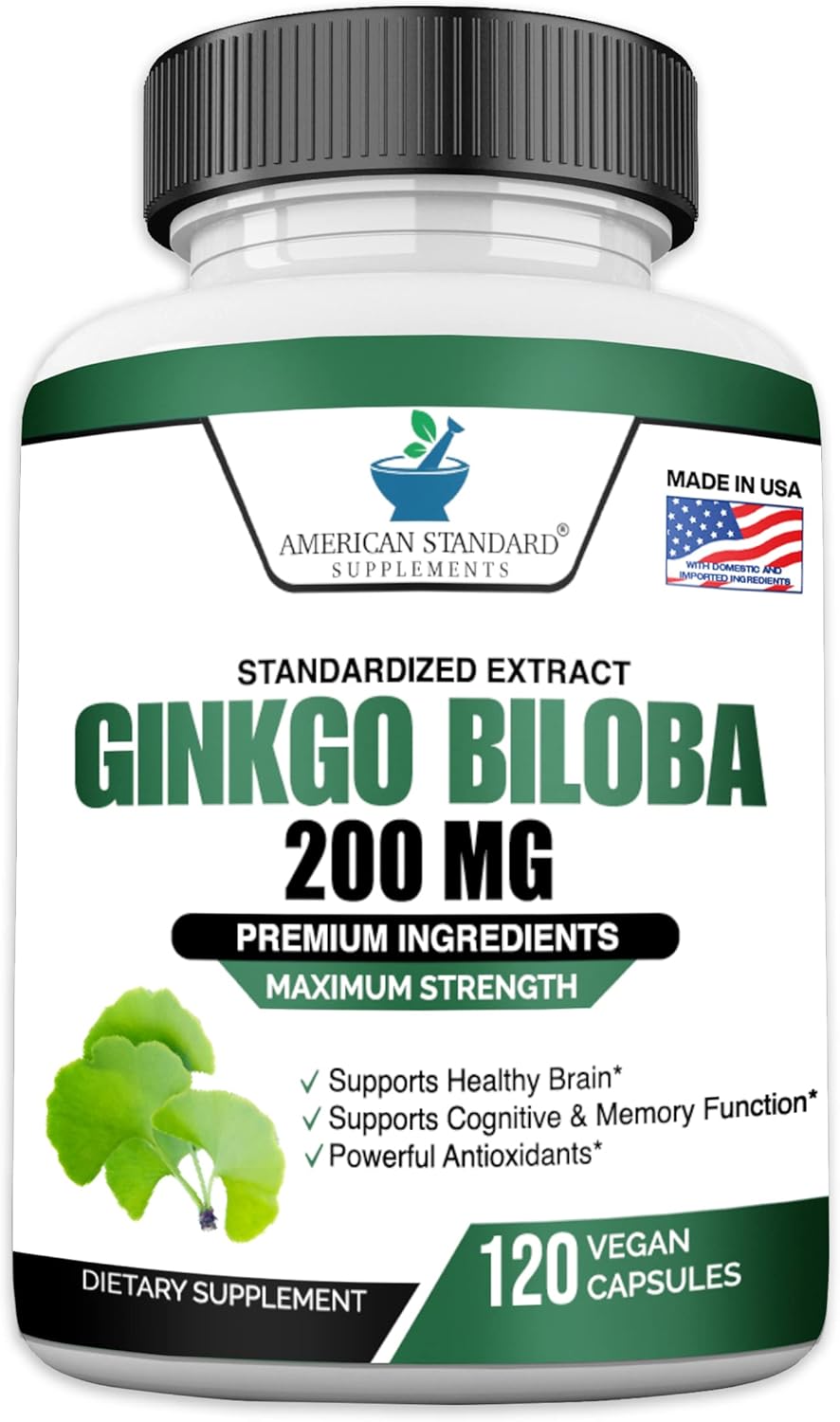 Organic Ginkgo Biloba Extract Capsules - 200mg, American Standard Supplements, Vegan Ginkgo Biloba Pills - 120 Count
