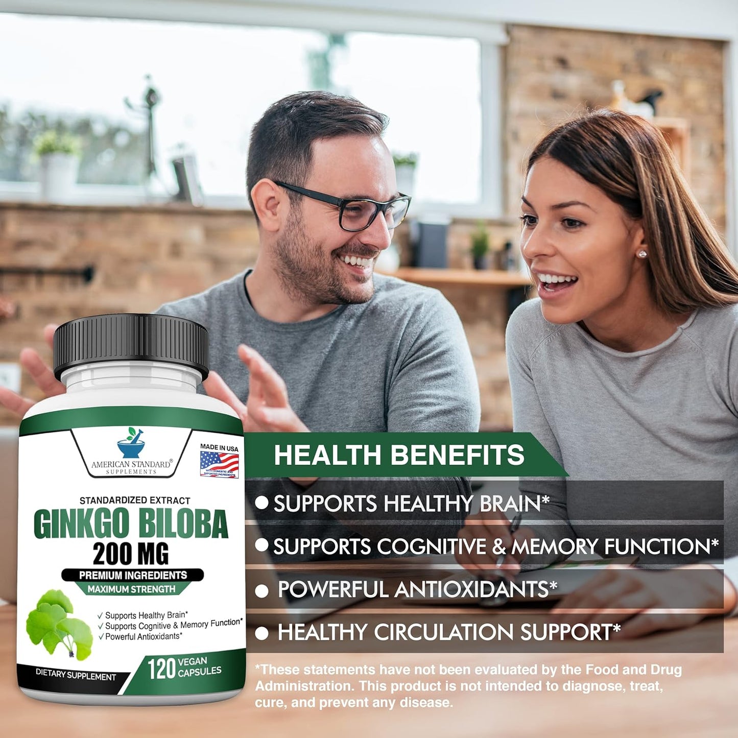 Organic Ginkgo Biloba Extract Capsules - 200mg, American Standard Supplements, Vegan Ginkgo Biloba Pills - 120 Count