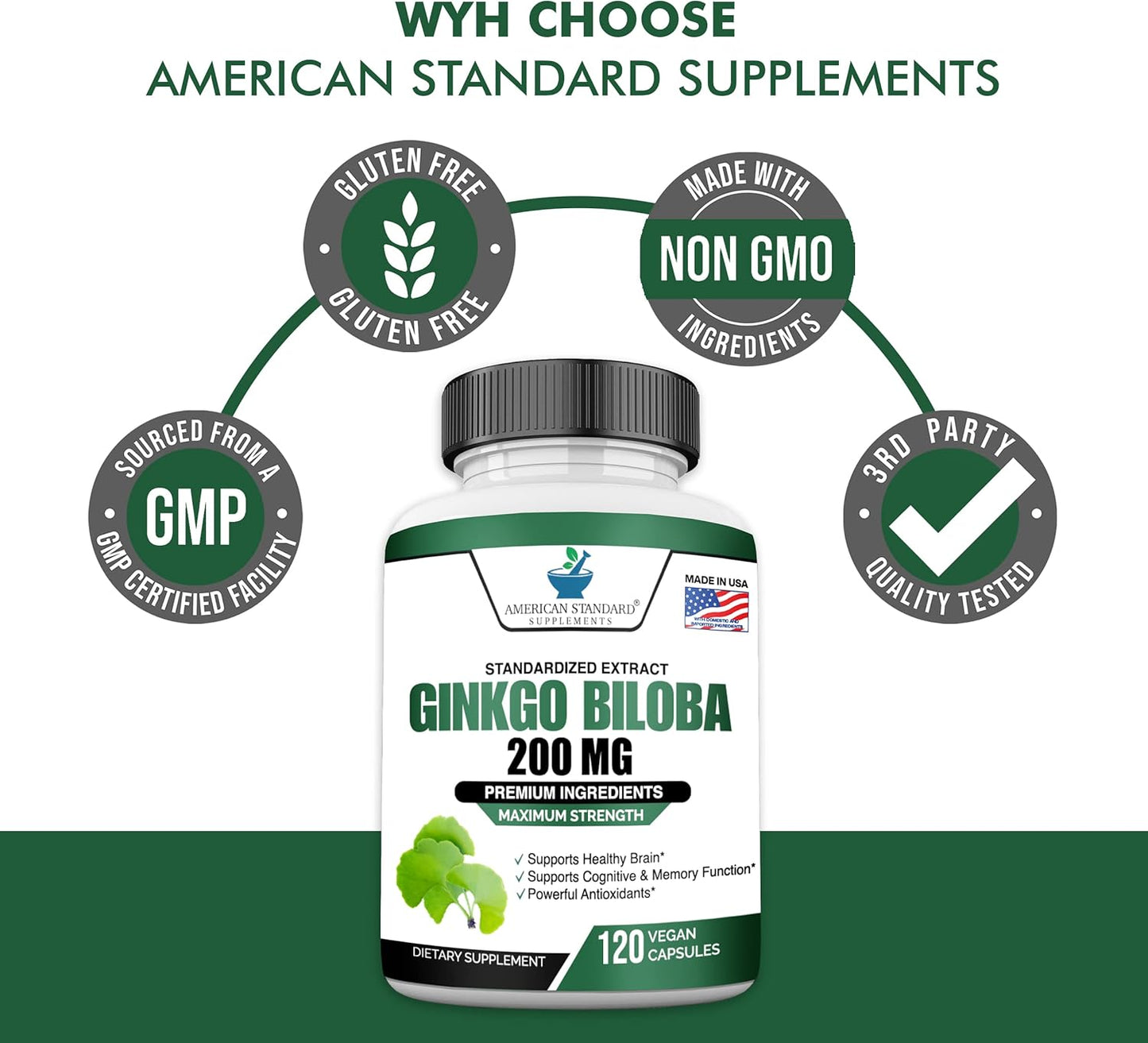 Organic Ginkgo Biloba Extract Capsules - 200mg, American Standard Supplements, Vegan Ginkgo Biloba Pills - 120 Count