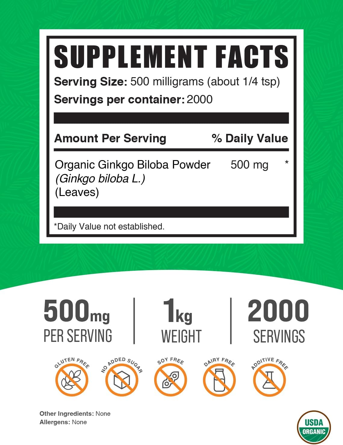 Organic Ginkgo Biloba Powder - Pure Ginkgo Biloba Leaf Supplements - Vegan-Friendly - 500mg per Serving - 1kg (2.2 lbs) Pack