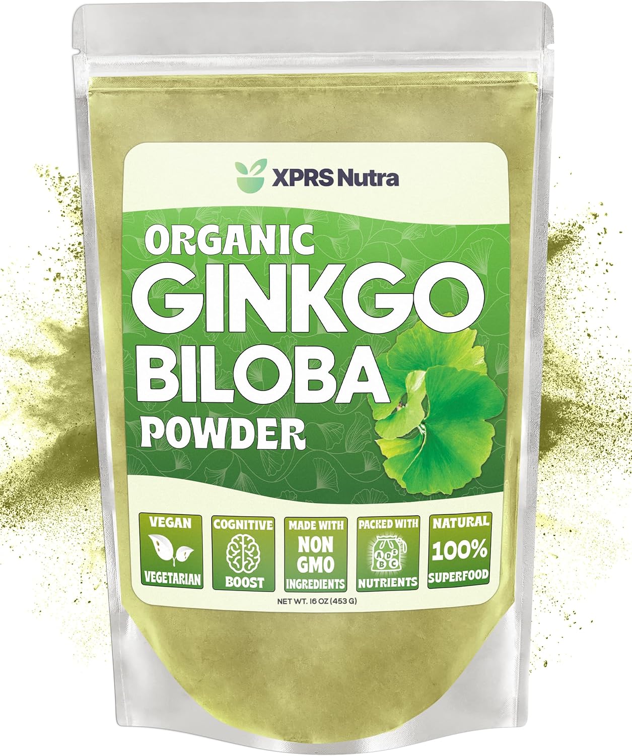 Organic Ginkgo Biloba Powder for Cognition and Immunity Boost - Vegan Friendly Supplement (16 oz)