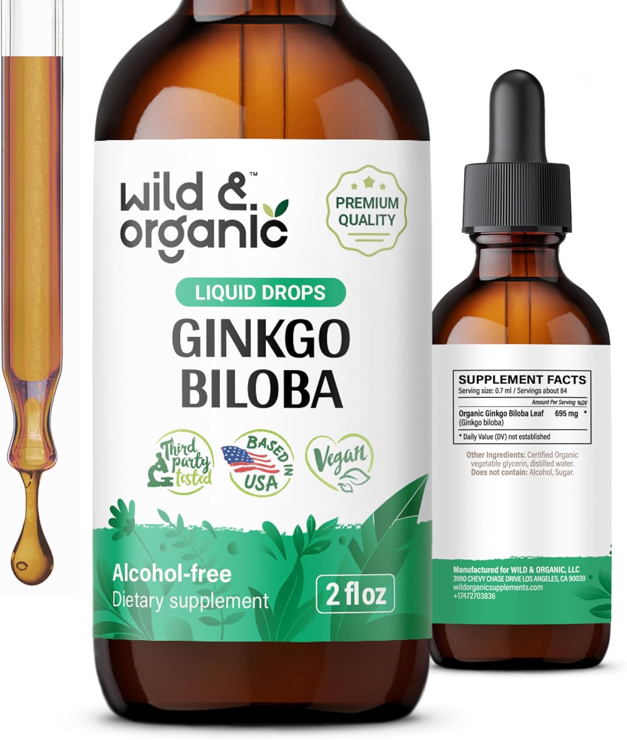 Organic Ginkgo Biloba Tincture for Brain Support - Vegan & Alcohol-Free Ginkgo Leaf Supplement - 2 fl oz Herbal Extract