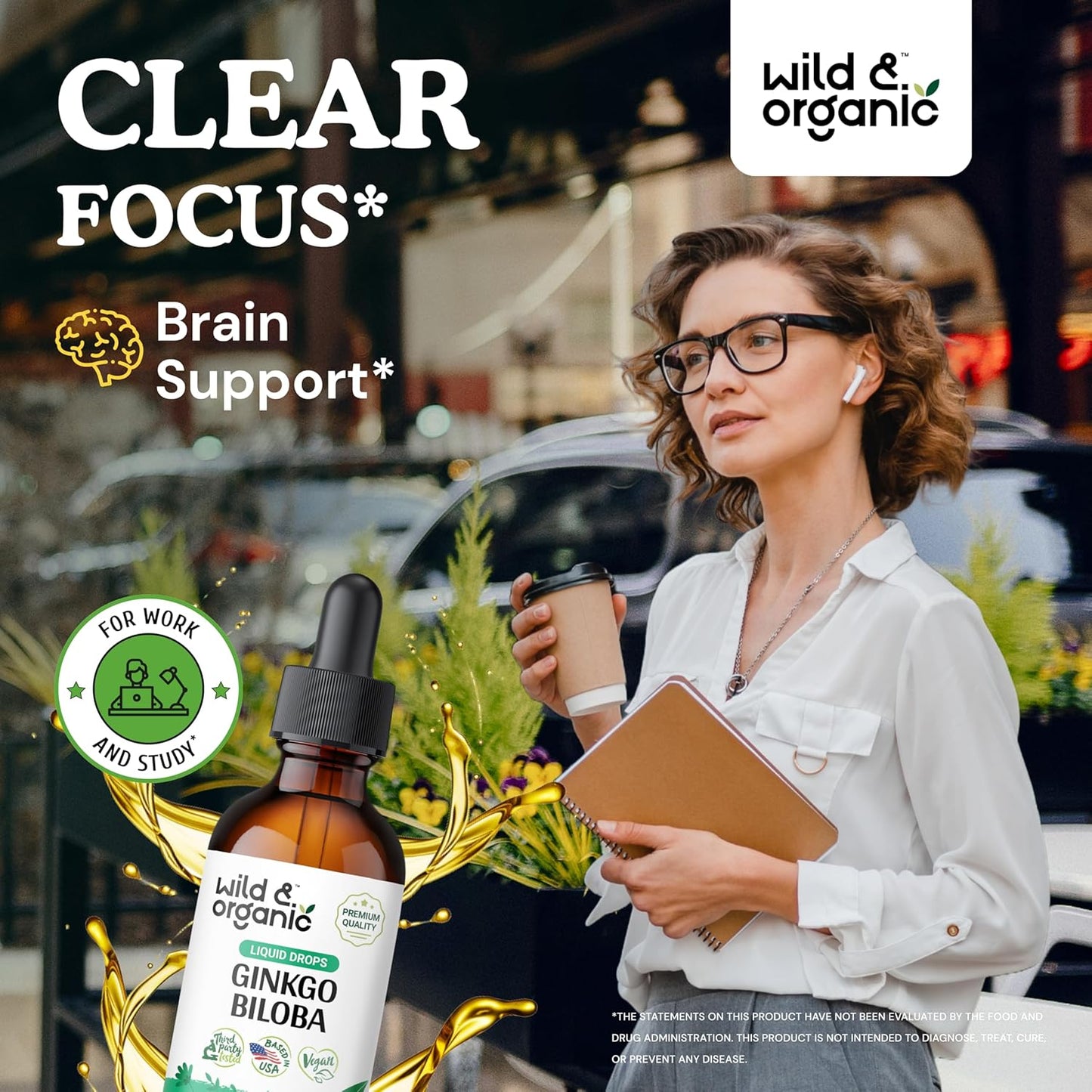 Organic Ginkgo Biloba Tincture for Brain Support - Vegan & Alcohol-Free Ginkgo Leaf Supplement - 2 fl oz Herbal Extract