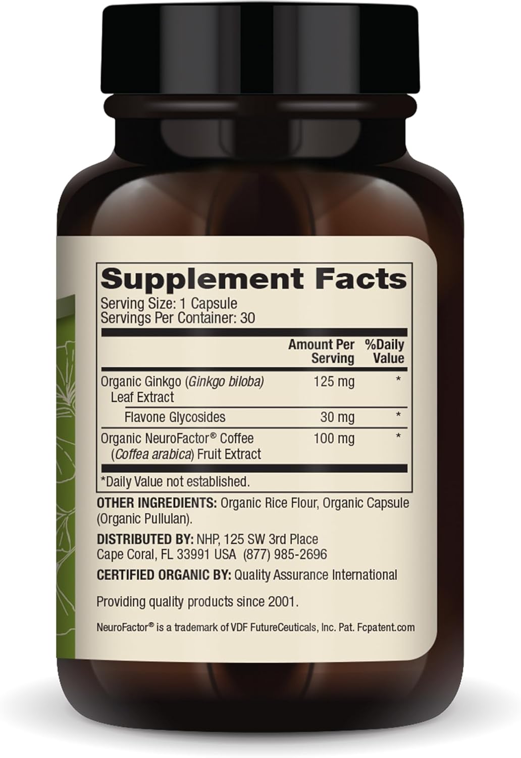 Organic Ginkgo Biloba with Coffee Fruit Extract Dietary Supplement for Brain Health, 30 Servings