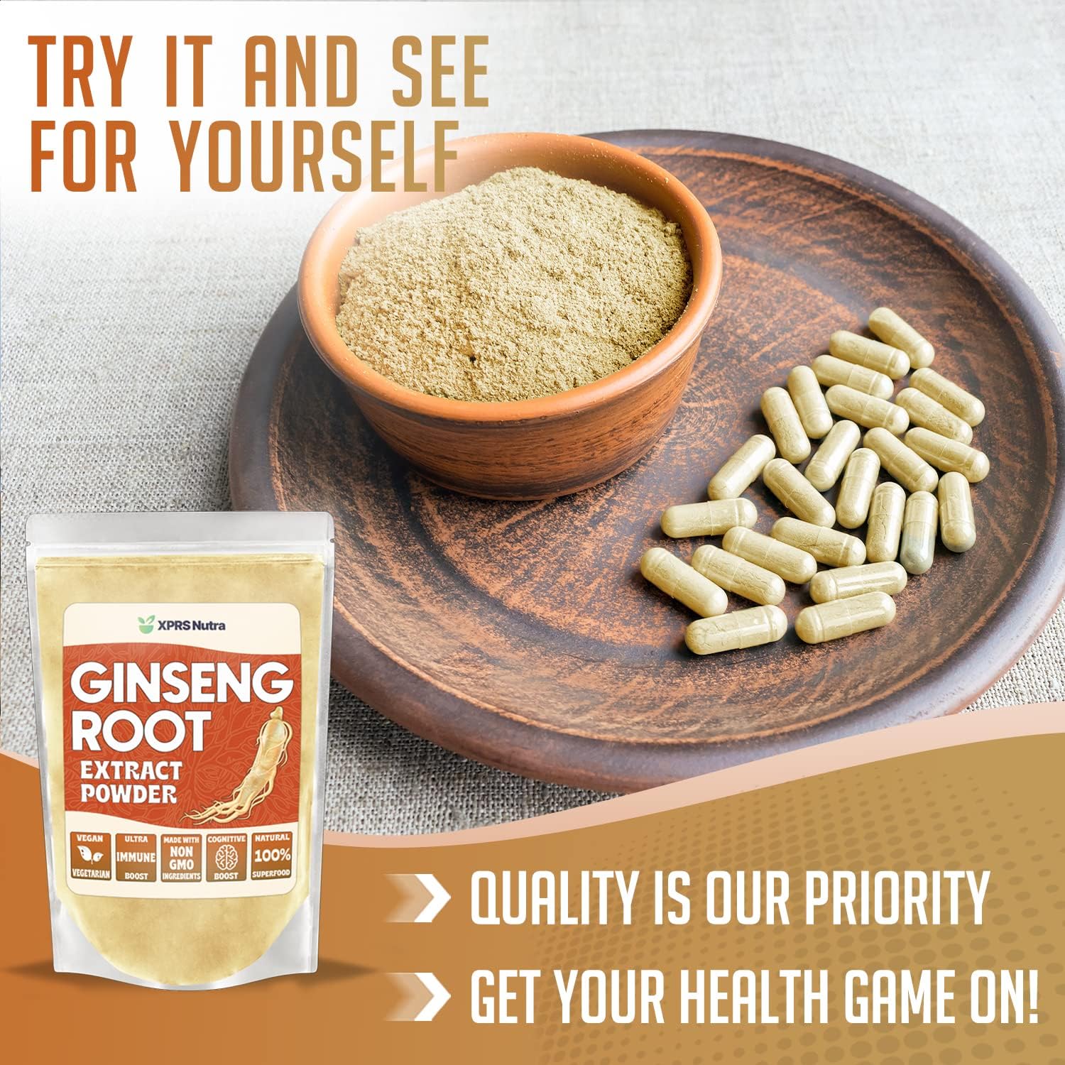 Organic Ginseng Root Extract Powder - Boost Cognitive Function, Physical Performance, and Immune System - Vegan Panax Ginseng Powder (16 oz)