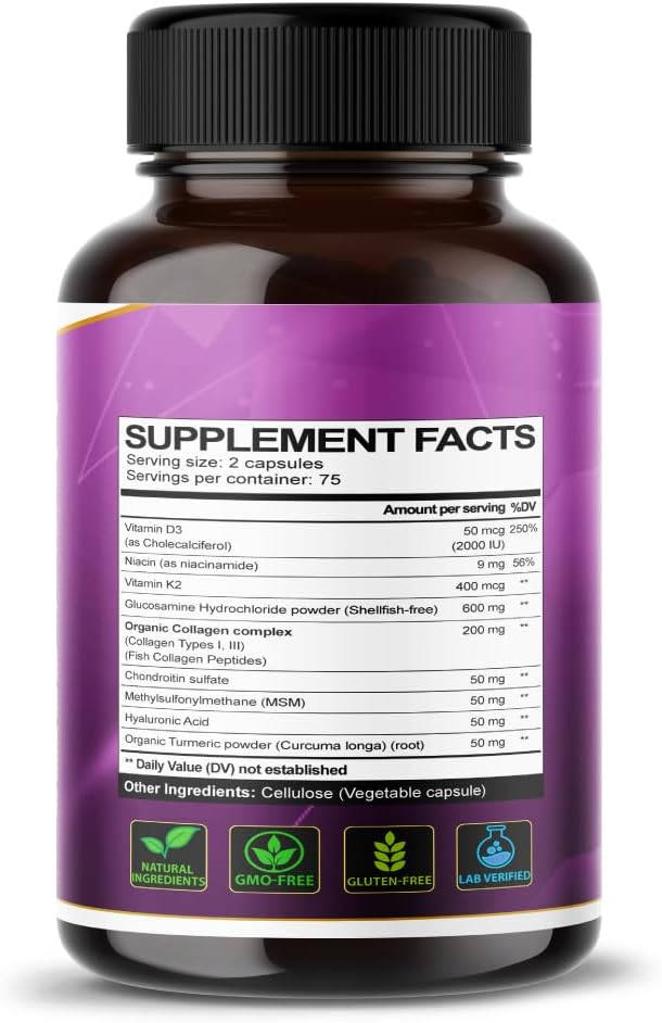 Organic Glucosamine Complex with Collagen - 10IN1 Formula for Joint and Bone Support - Chondroitin, MSM, Hyaluronic Acid - Made in USA (150 Count)