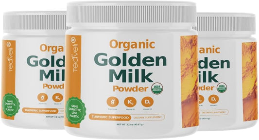 Organic Golden Milk Powder with Vitamins D3 & K2, Turmeric, Ginger, Curcumin, Cinnamon, Ashwagandha, Holy Basil & Prebiotics - Unsweetened Turmeric Tea Latte (3 Pack)