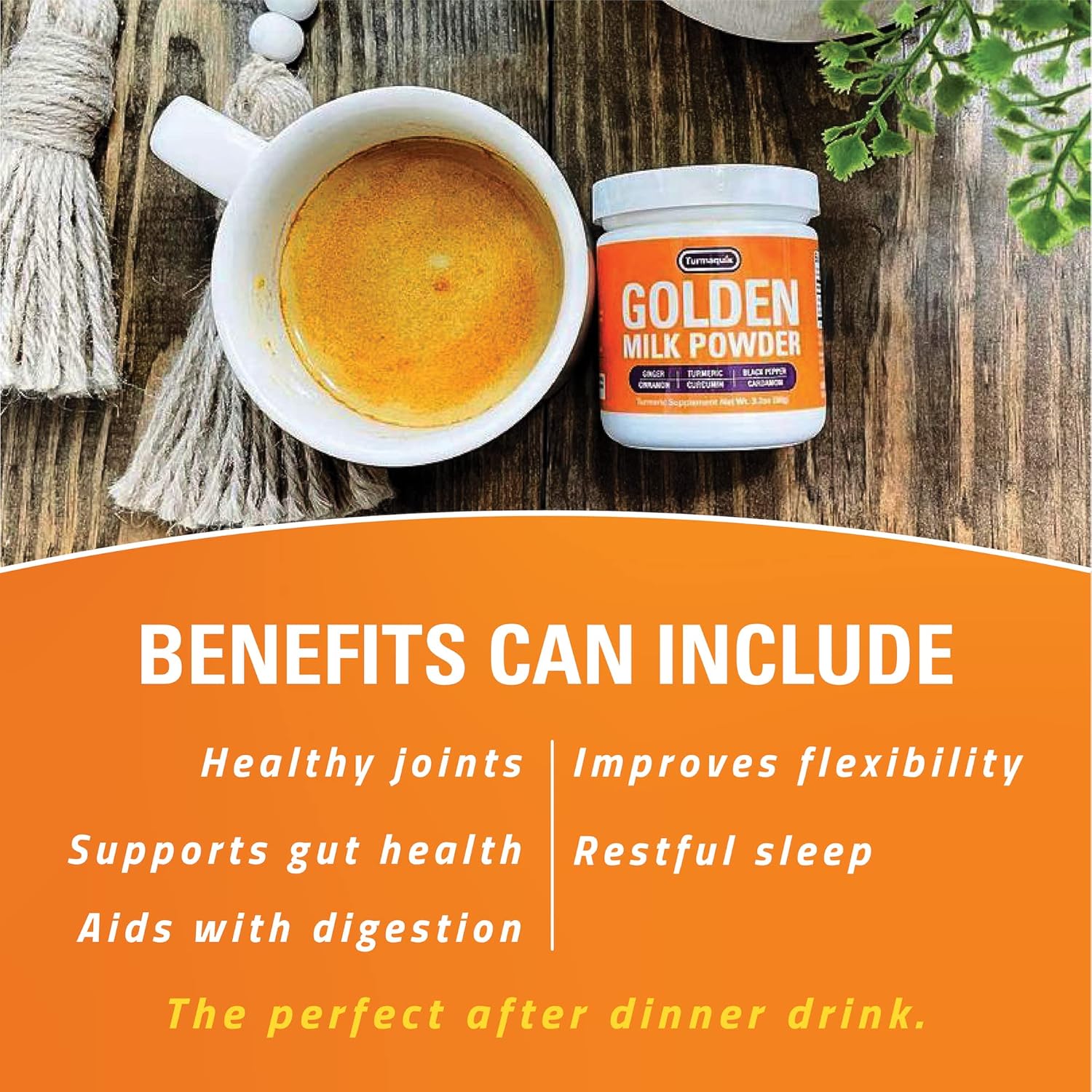 Organic Golden Milk Turmeric Powder Mix with Ginger, Black Pepper, Curcumin, Cinnamon, Cardamom - Non-GMO, Vegan, Keto and Ayurvedic Blend