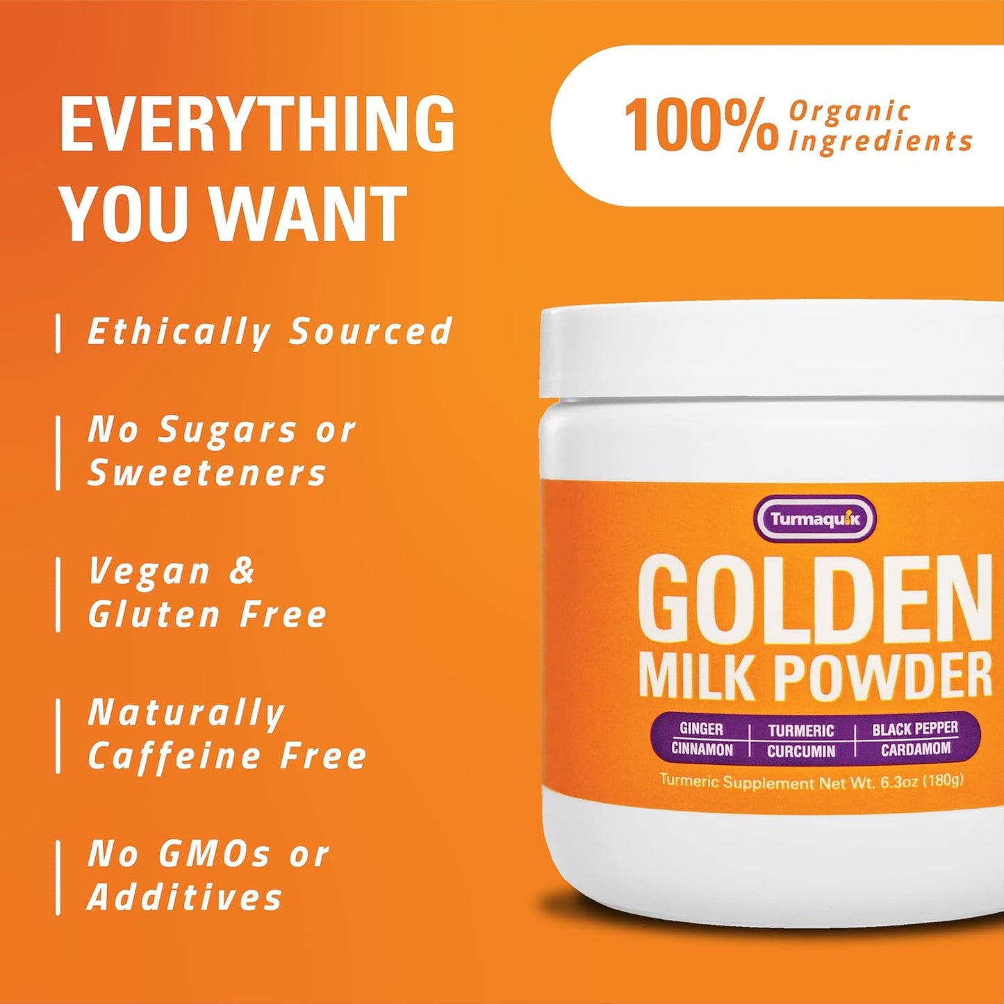 Organic Golden Milk Turmeric Powder Mix with Ginger, Black Pepper, Curcumin, Cinnamon, Cardamom - Non-GMO, Vegan, Keto and Ayurvedic Blend