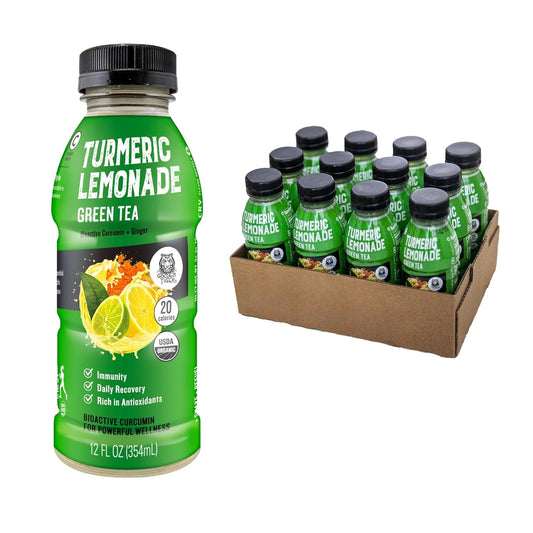 Organic Golden Tiger Turmeric Lemonade Green Tea with Curcumin & Ginger - Immunity & Recovery Boost - 12 Bottles, 20 Calories
