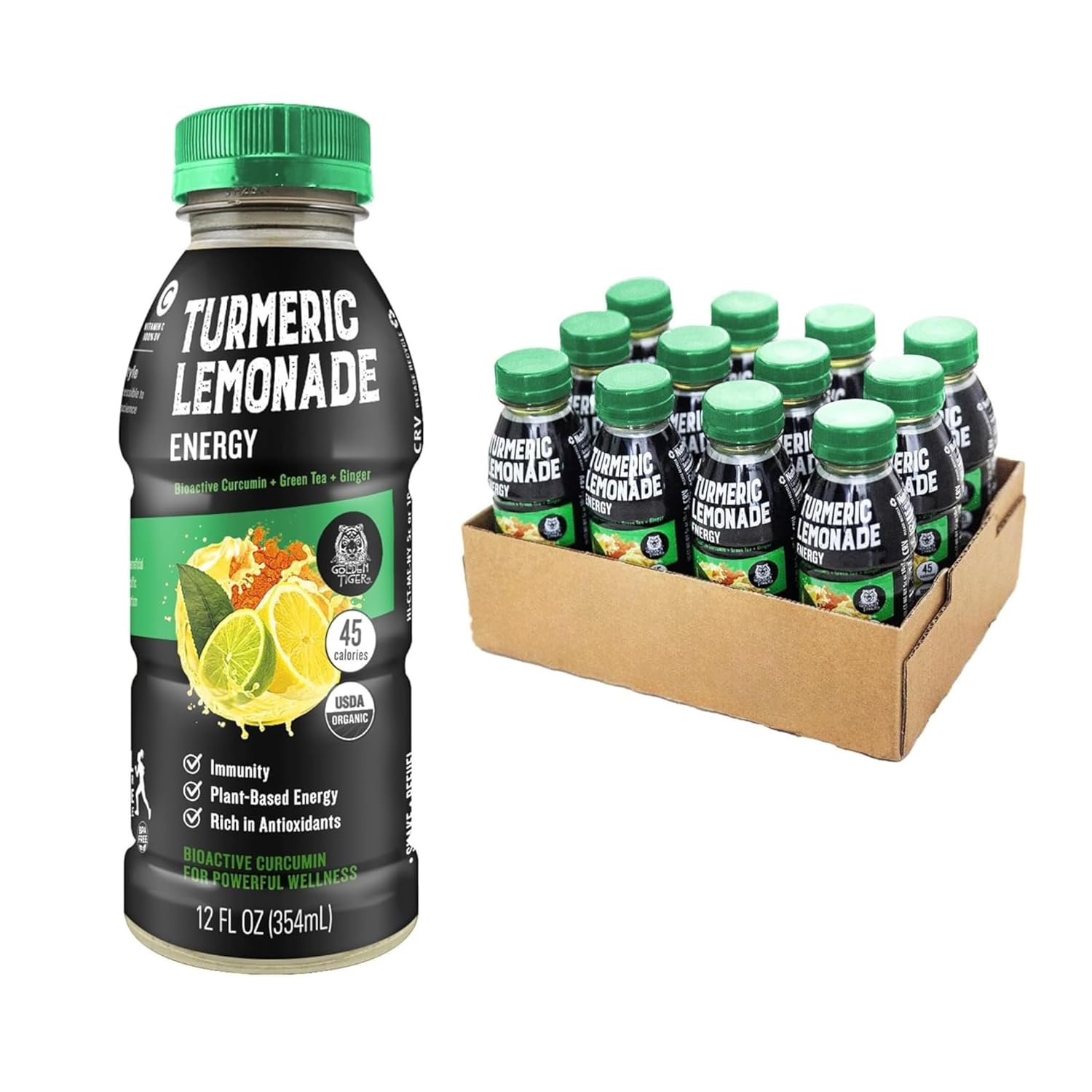 Organic Golden Tiger Turmeric Lemonade with Bioactive Curcumin, Ginger, and Green Tea Caffeine for Energy and Recovery - 12 Bottles