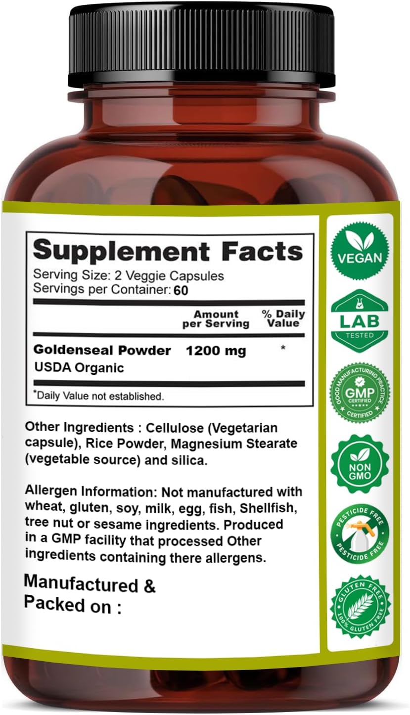 Organic Goldenseal Root Capsules - 90 Capsules, USDA Certified, Lab Tested, Pure Natural Goldenseal Root Powder Supplement