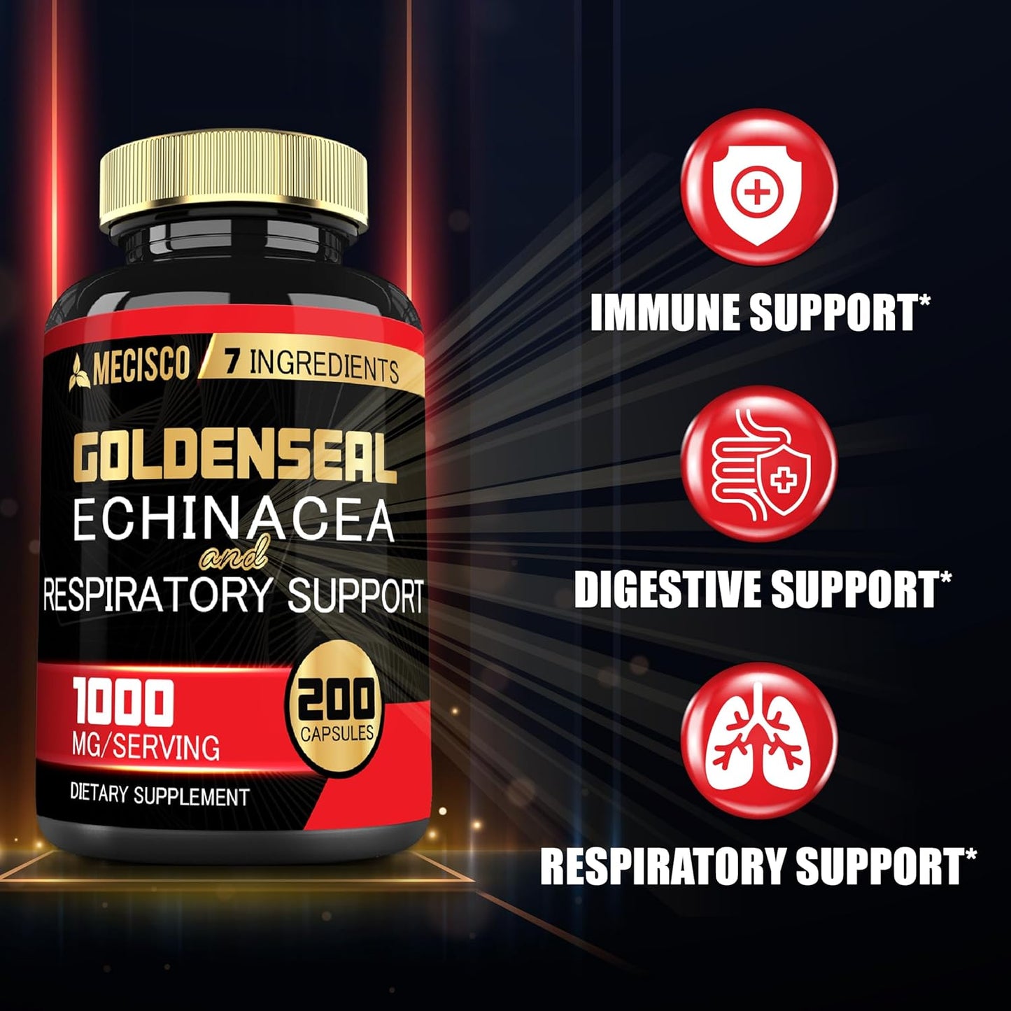 Organic Goldenseal Root Capsules with Echinacea, Mullein Leaf, Plantain - Immune System & Digestive Health Support - 200 Caps