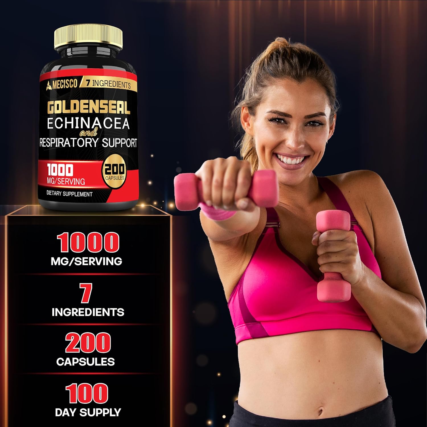 Organic Goldenseal Root Capsules with Echinacea, Mullein Leaf, Plantain - Immune System & Digestive Health Support - 200 Caps