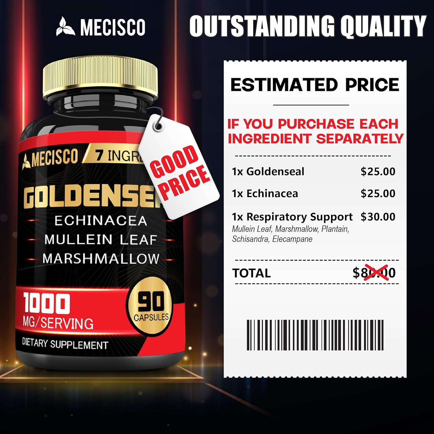 Organic Goldenseal Root Capsules with Echinacea, Mullein Leaf, Plantain - 90 Veggie Caps - Immune & Digestive Support