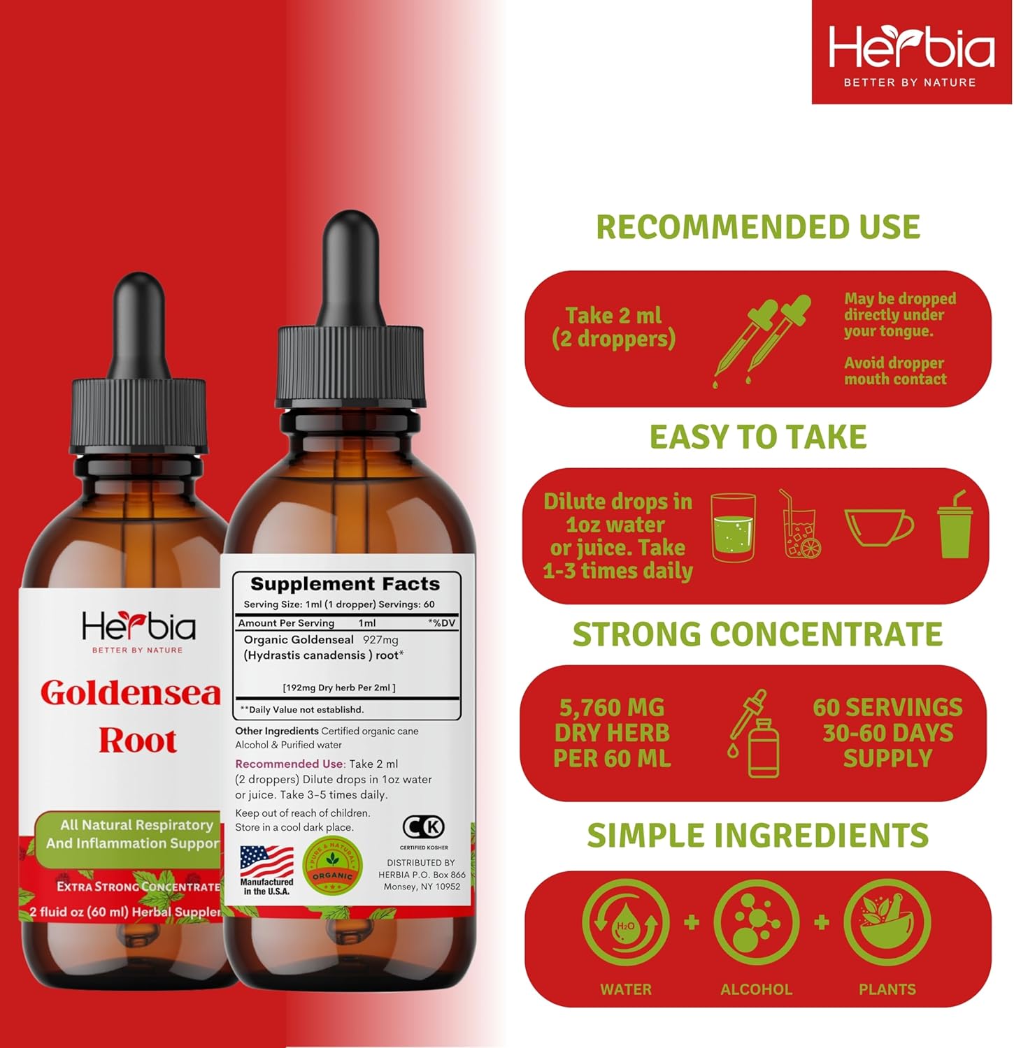 Organic Goldenseal Root Extract for Immune Support - Liquid Alcohol Extract, 60 Servings - 2oz Bottle