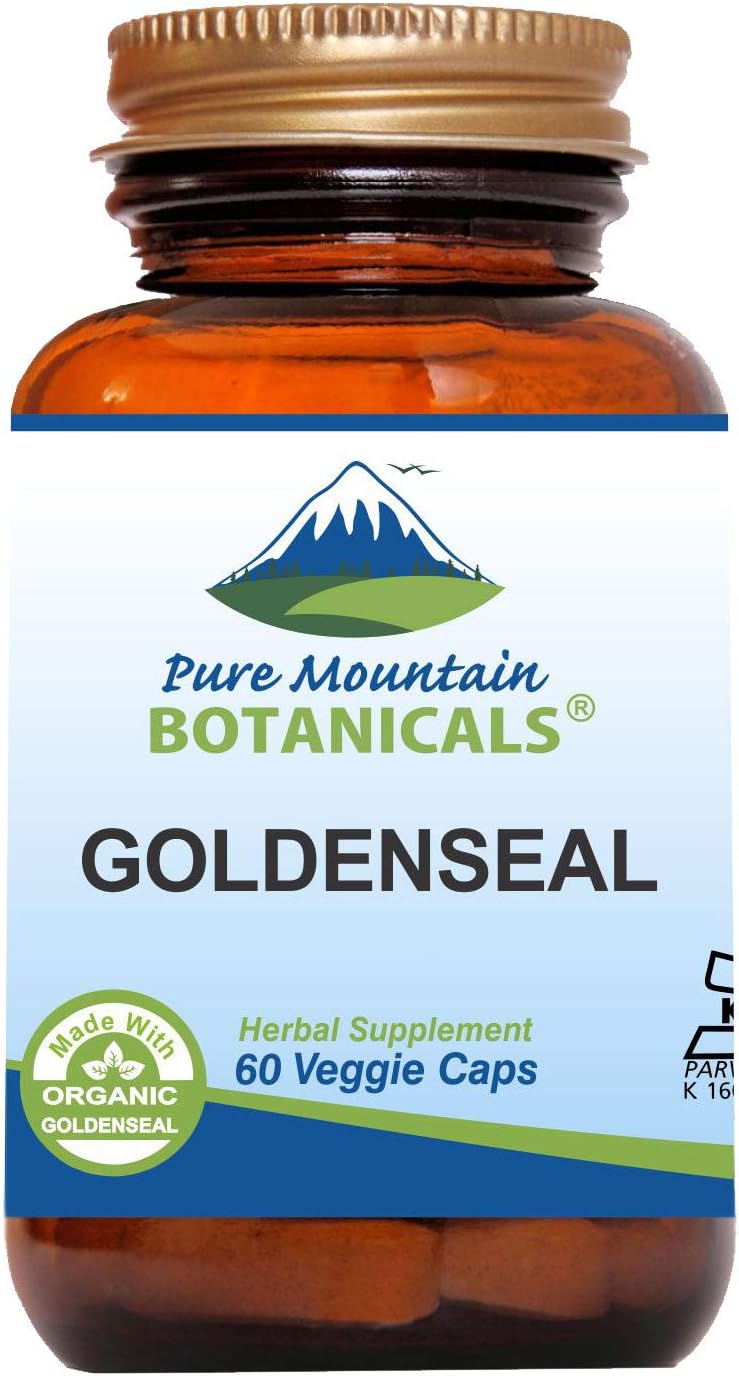 Organic Goldenseal Root Supplement Capsules - Vegan Kosher Caps with 250mg Pure Mountain Botanicals