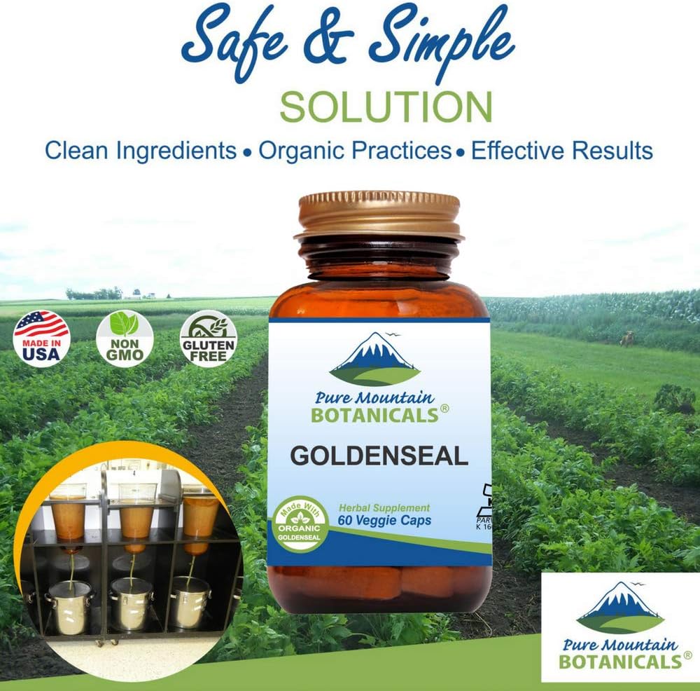 Organic Goldenseal Root Supplement Capsules - Vegan Kosher Caps with 250mg Pure Mountain Botanicals