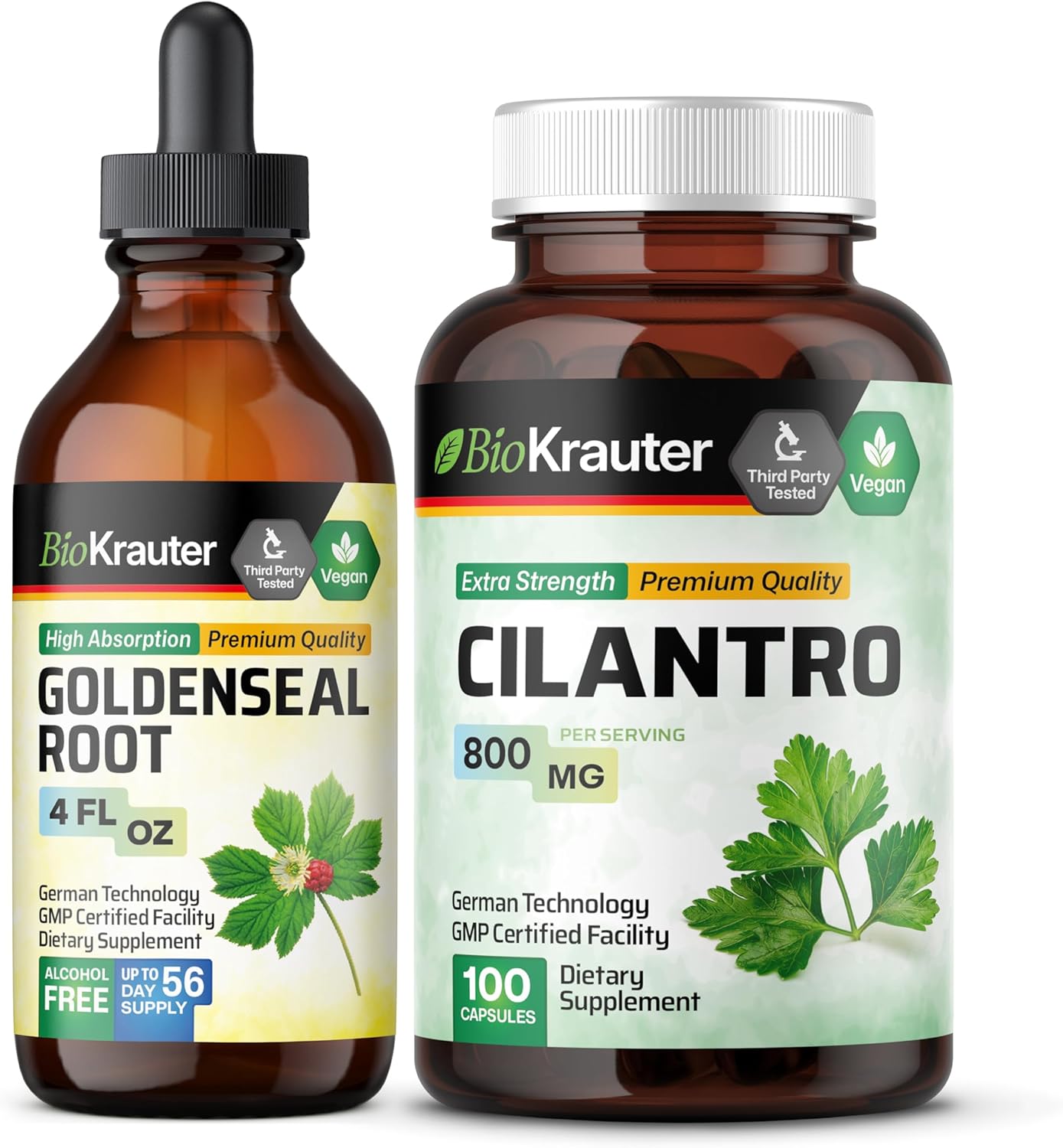 Organic Goldenseal Tincture and Cilantro Capsules Combo - 4 Fl. Oz. and 100 Count