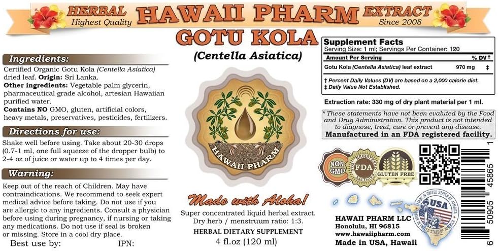Organic Gotu Kola Liquid Extract Tincture Supplement - 4 oz by Hawaii Pharm