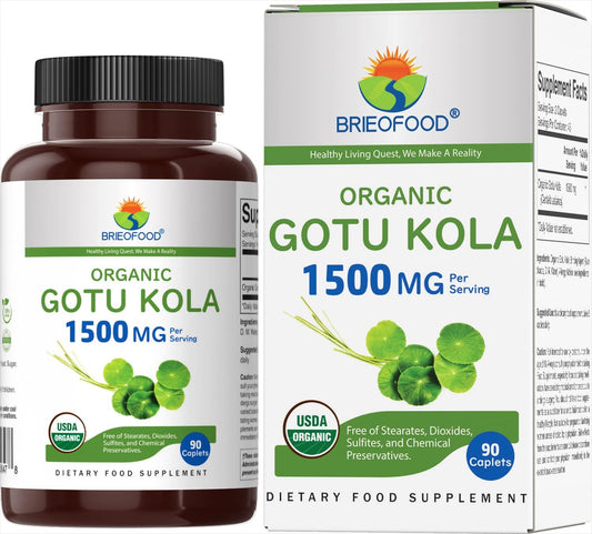 Organic Gotu Kola Supplement 1500mg - 45 Servings, Gluten Free, Vegetarian Tablets - Brieofood