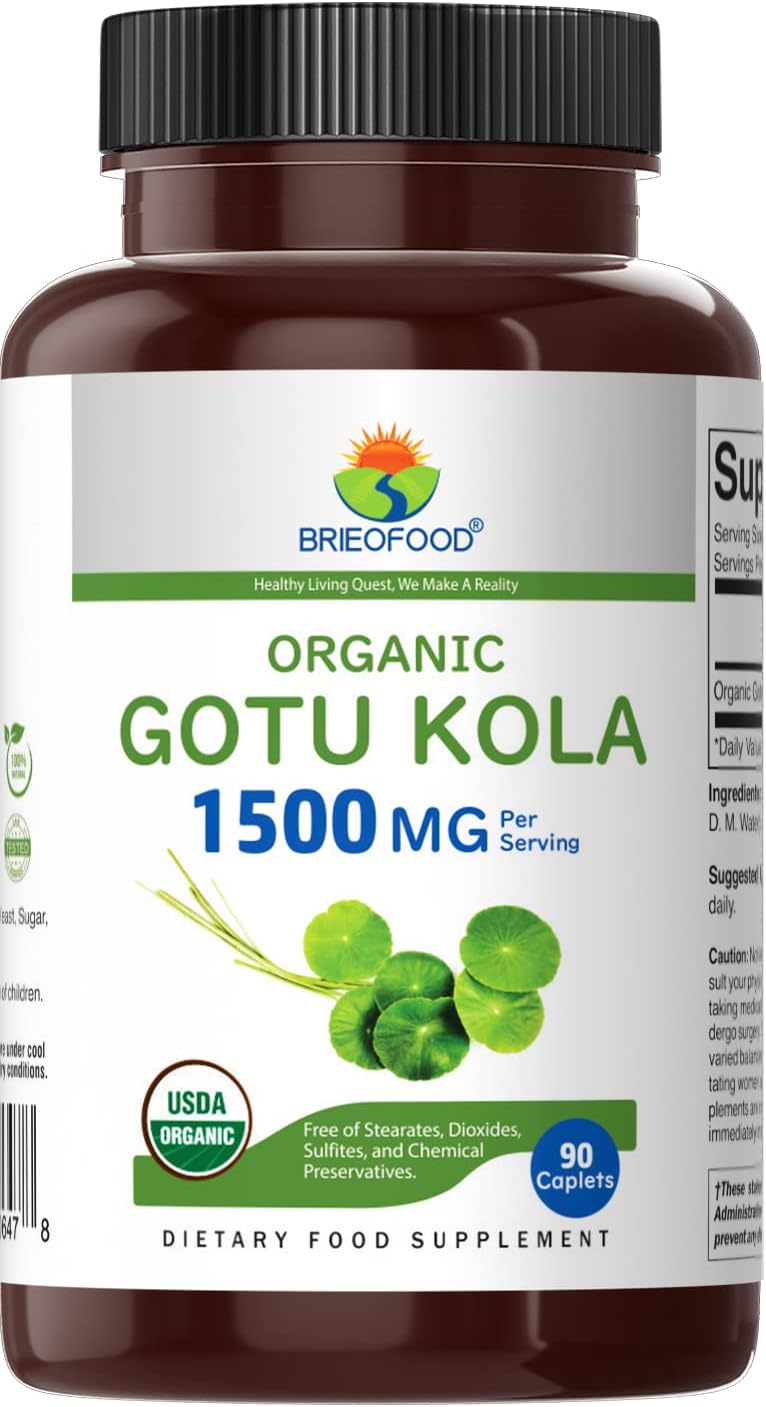 Organic Gotu Kola Supplement 1500mg - 45 Servings, Gluten Free, Vegetarian Tablets - Brieofood