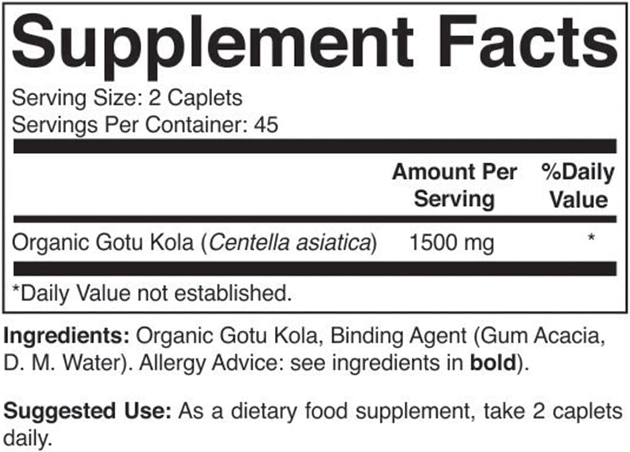 Organic Gotu Kola Supplement 1500mg - 45 Servings, Gluten Free, Vegetarian Tablets - Brieofood