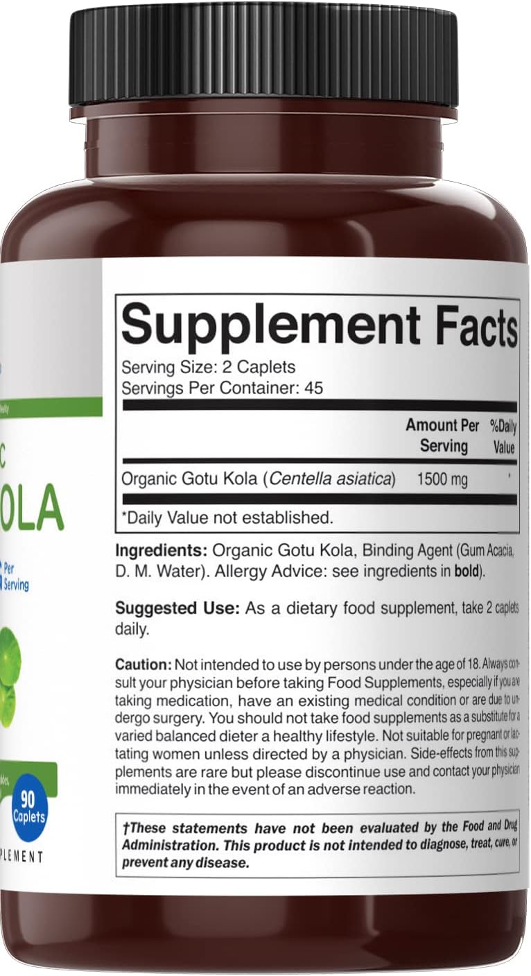 Organic Gotu Kola Supplement 1500mg - 45 Servings, Gluten Free, Vegetarian Tablets - Brieofood