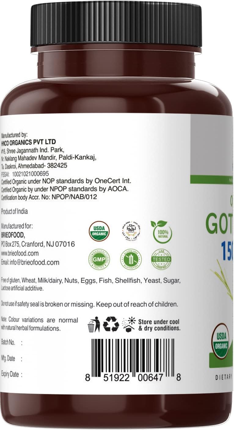 Organic Gotu Kola Supplement 1500mg - 45 Servings, Gluten Free, Vegetarian Tablets - Brieofood