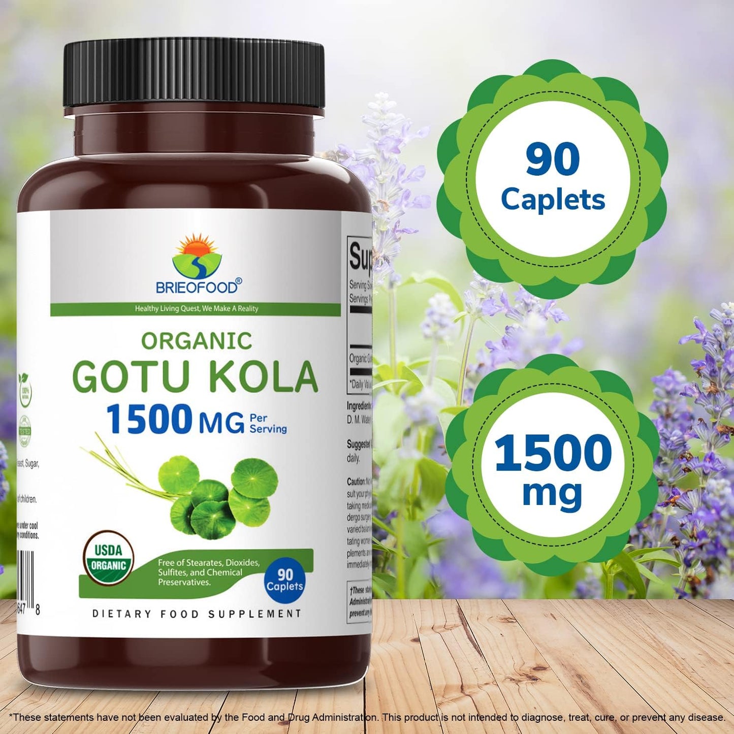 Organic Gotu Kola Supplement 1500mg - 45 Servings, Gluten Free, Vegetarian Tablets - Brieofood