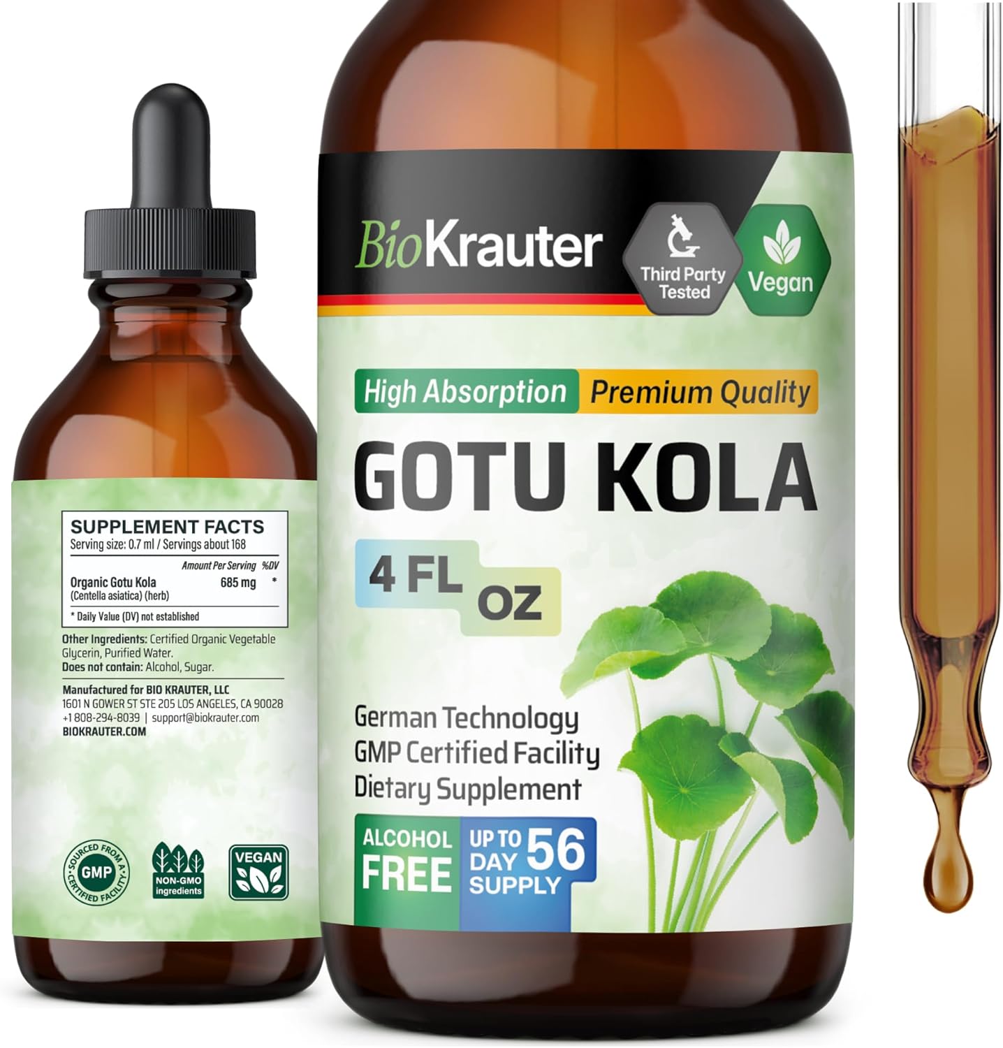 Organic Gotu Kola Tincture - Centella Asiatica Extract - Vegan, Alcohol & Sugar Free - 4 Fl.Oz. Vegan Drops