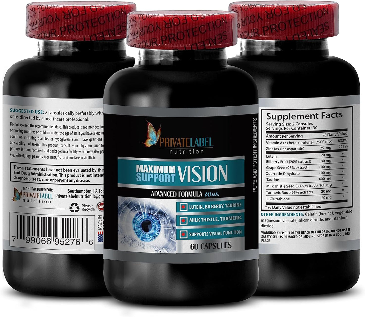 Organic Grape Seed Extract Vision Formula with Taurine & Milk Thistle - Eye Supplements for Adults Over 50 - 3 Bottles, 180 Capsules