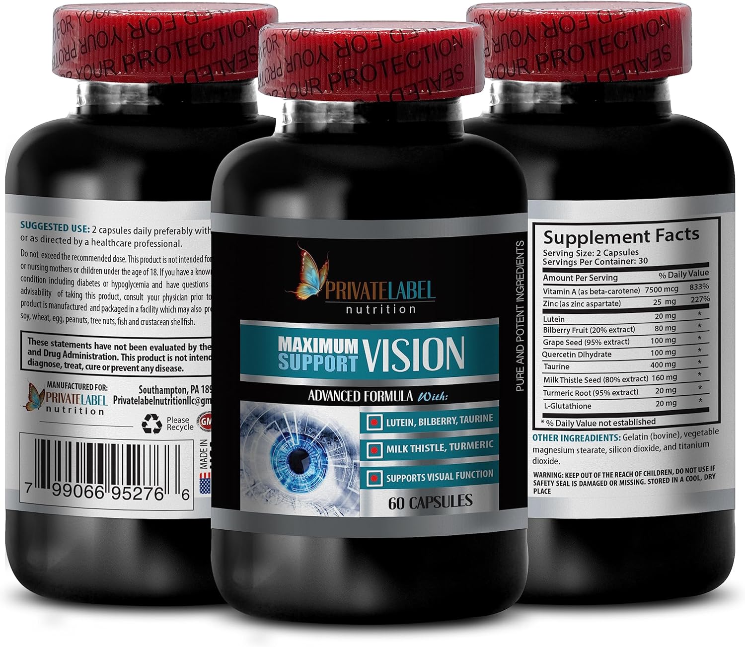 Organic Grape Seed Extract Vision Formula with Taurine & Milk Thistle - Eye Supplements for Adults Over 50 - 3 Bottles, 180 Capsules