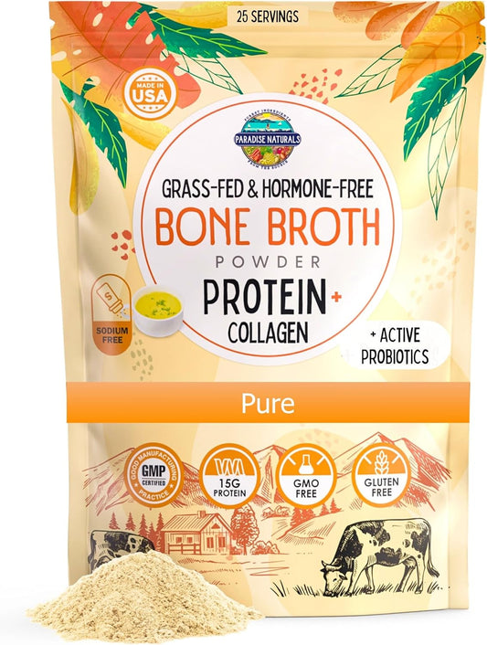 Organic Grass-Fed Beef Bone Broth Powder with Probiotics & Collagen Peptides - 15g Protein, Non-GMO, Paleo & Keto Friendly, Promotes Healthy Skin, Hair, Joints, and Gut Health - Gluten-Free, Low Sodium