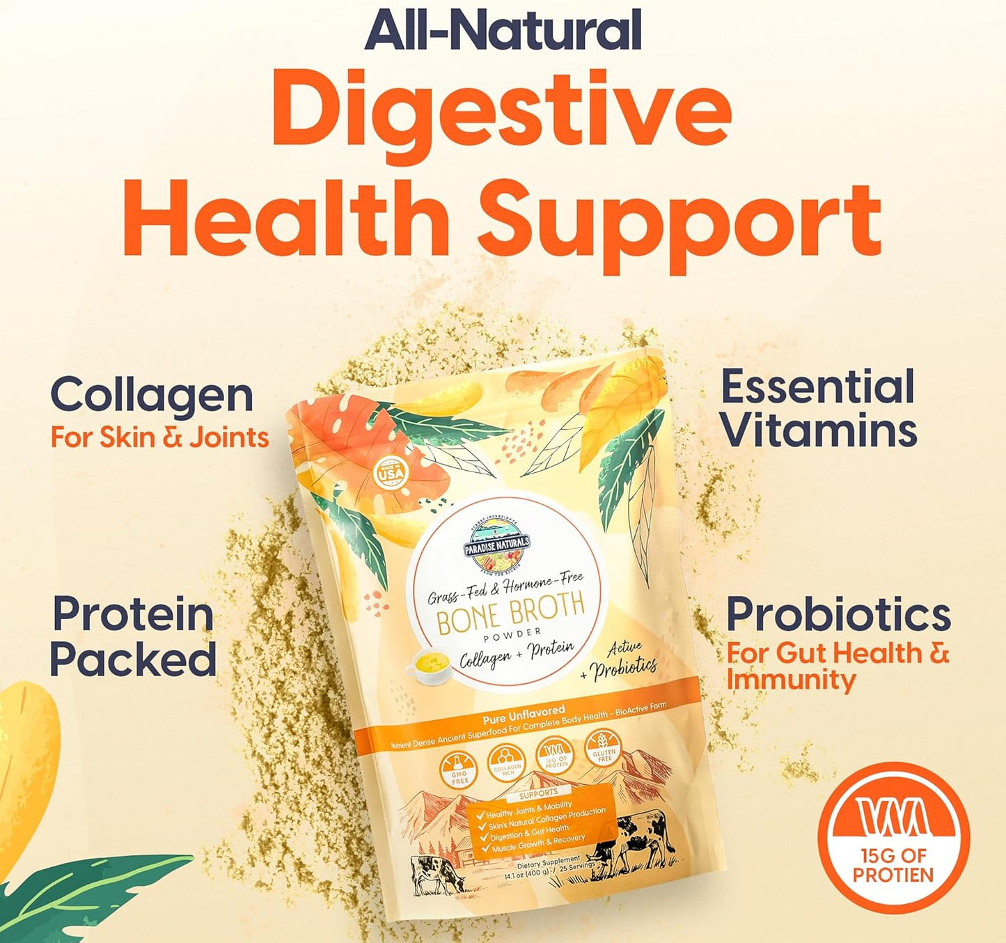Organic Grass-Fed Beef Bone Broth Powder with Probiotics & Collagen Peptides - 15g Protein, Non-GMO, Paleo & Keto Friendly, Promotes Healthy Skin, Hair, Joints, and Gut Health - Gluten-Free, Low Sodium