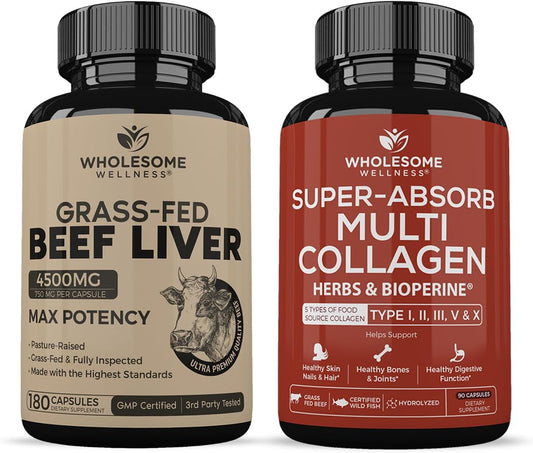 Organic Grass Fed Beef Liver Capsules + Multi Collagen Pills Bundle - Natural Iron, Vitamin A, B12 for Energy - 180 Pills, 750mg Each - With Organic Herbs and Bioperine
