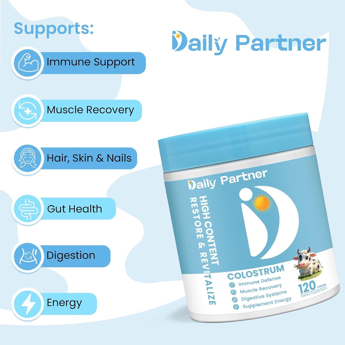 Organic Grass-Fed Bovine Colostrum Powder Supplement for Immune Support, Gut Health, and Beauty - Daily Partner Nature IgG Superfood for Muscle Recovery and Skin Health - Unflavored (60 Servings)