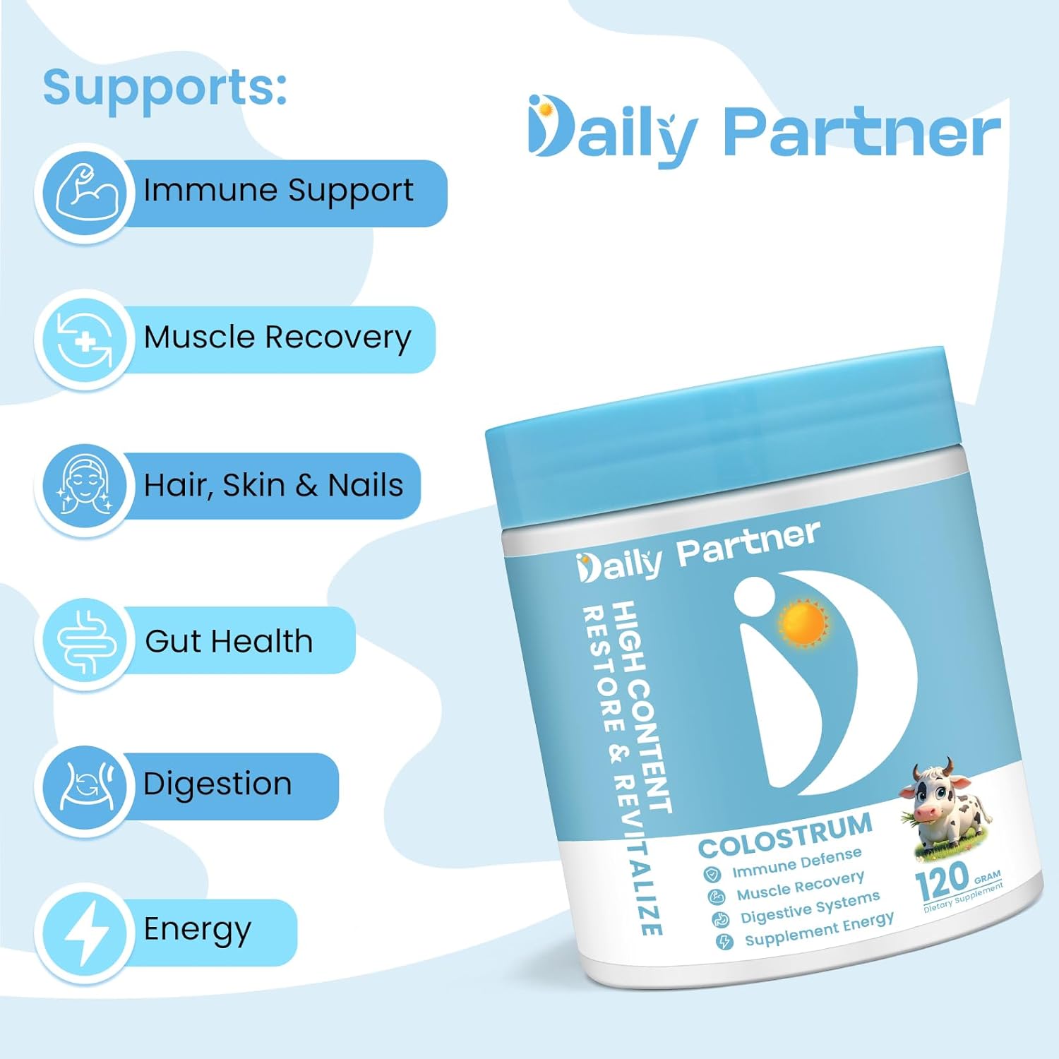 Organic Grass-Fed Bovine Colostrum Powder Supplement for Immune Support, Gut Health, and Beauty - Daily Partner Nature IgG Superfood for Muscle Recovery and Skin Health - Unflavored (60 Servings)