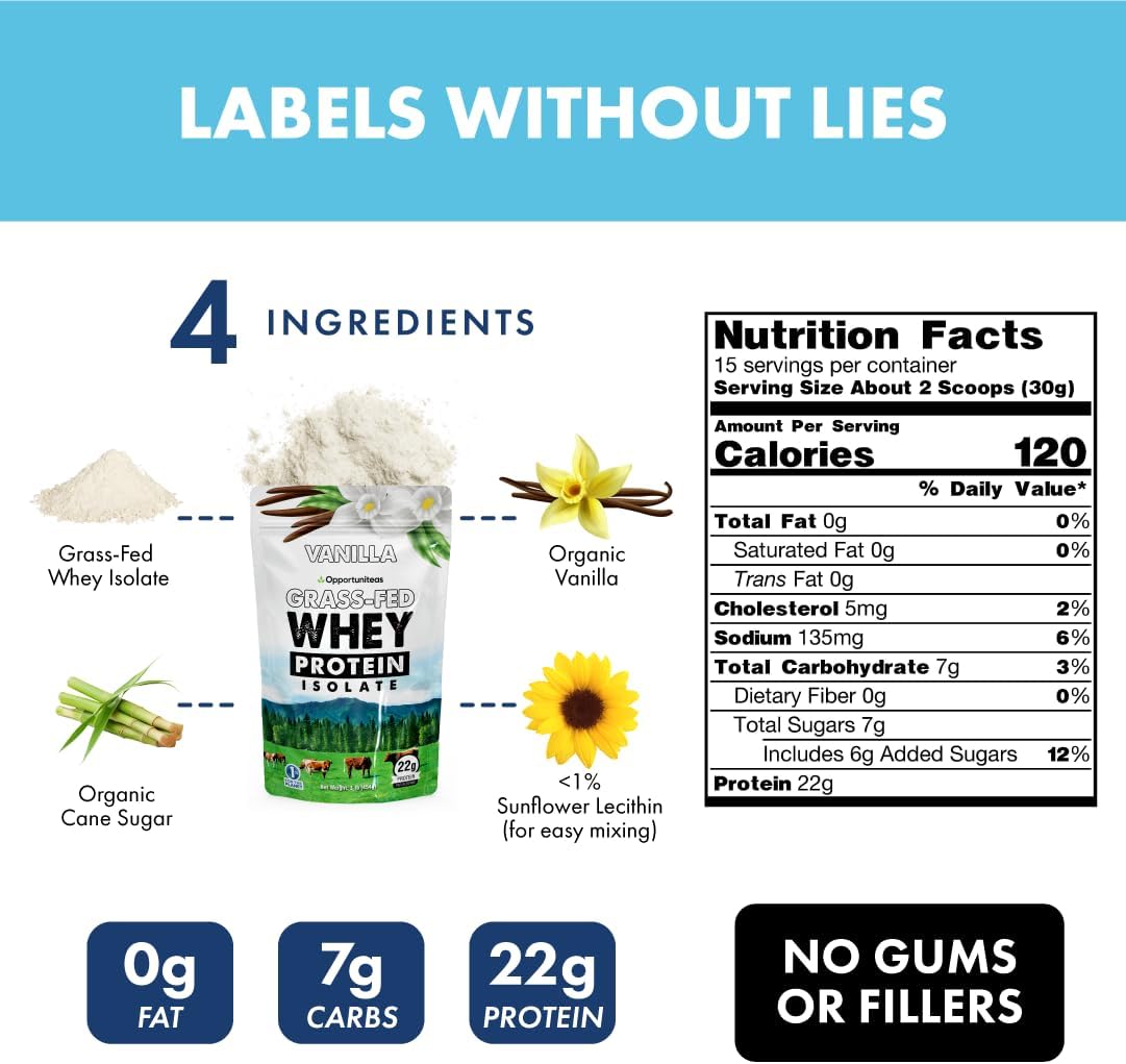 Organic Grass Fed Vanilla Whey Protein Isolate Powder - 22g Protein Without Artificial Sweeteners, Hormone-Free Cows, Non GMO - 1lb - BoostGo Australia