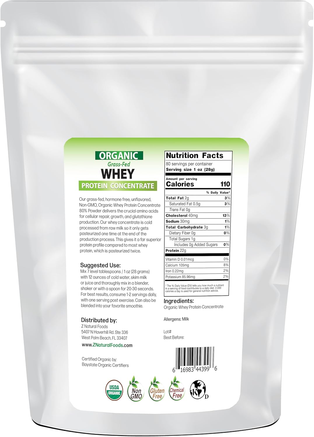 Organic Grass Fed Whey Protein Powder - Cold Processed Concentrate with Essential Amino Acids - Unflavored, 5 lbs