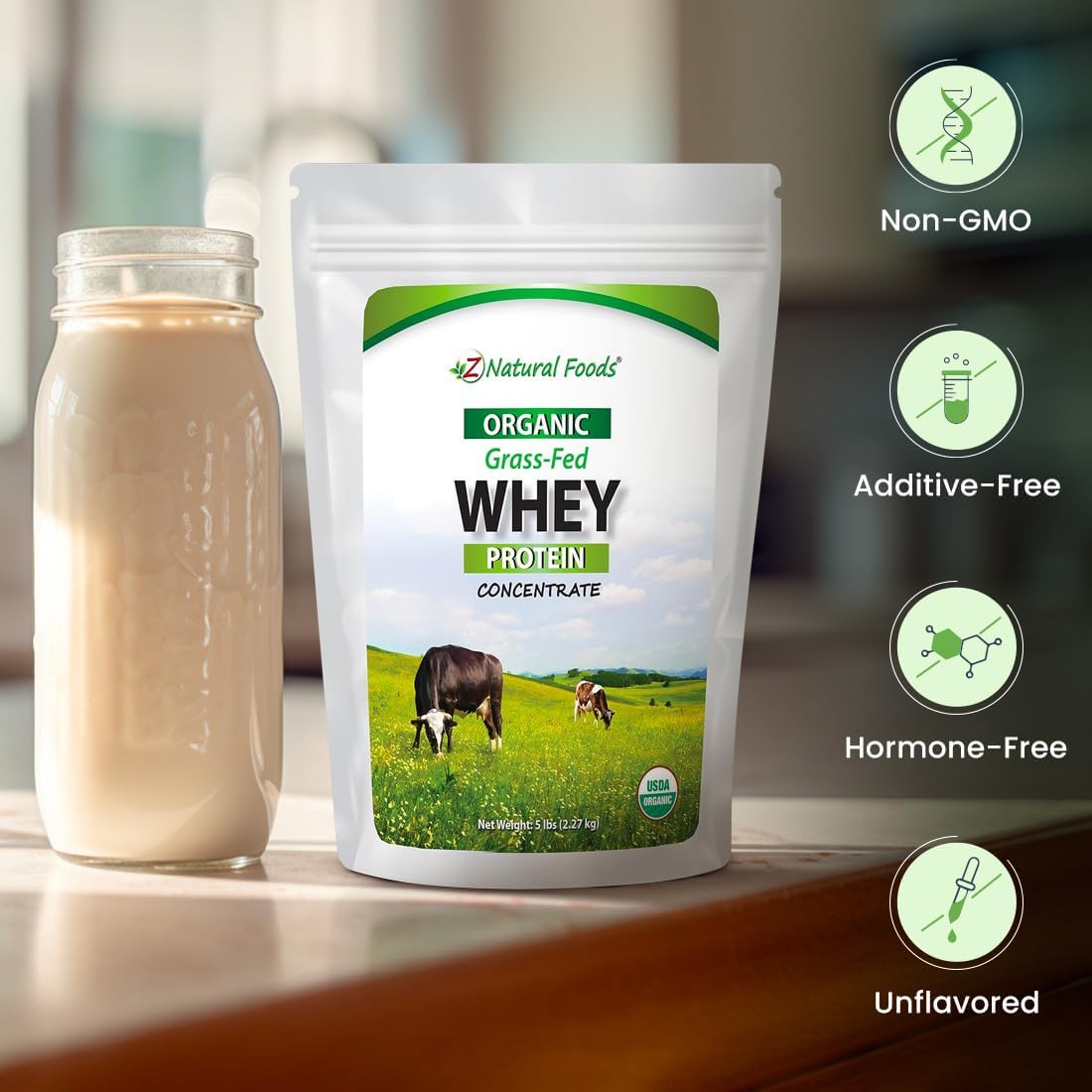 Organic Grass Fed Whey Protein Powder - Cold Processed Concentrate with Essential Amino Acids - Unflavored, 5 lbs
